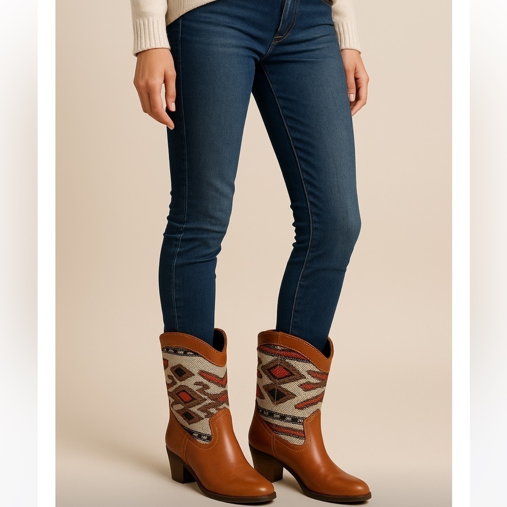Wanted Women’s Western Kilim Boots Size 10 – Tan Faux Leather & Woven